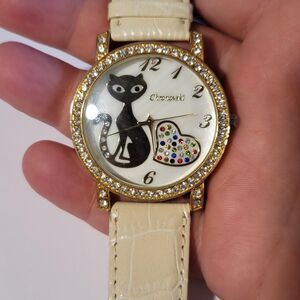 Chronovski Rhinestone Bezel Cat Gold 42mm Women's Watch  - Off White Band